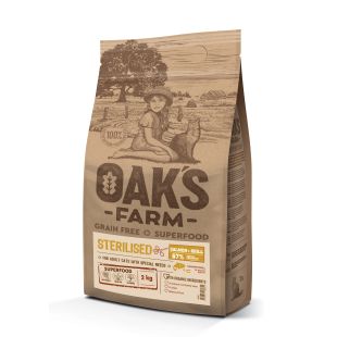 OAK'S FARM suaugusių sterilizuotų kačių sausas begrūdis pašaras su lašiša ir kriliu 2 kg